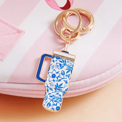 Fashnzfab Enamel Floral Pattern Tumbler Back Engraved Keychain / Bag Charm In Blue