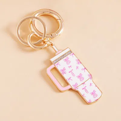 Fashnzfab Enamel Bow Pattern Tumbler Back Engraved Keychain / Bag Charm In White