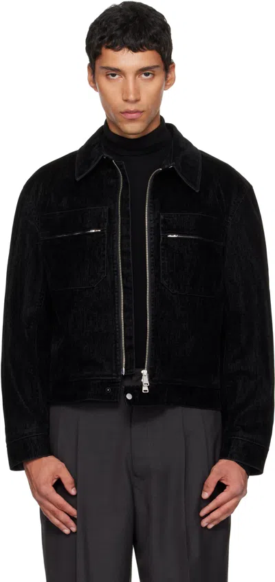 Coor Black Double Pocket Trimming Collar Velvet Denim Jacket In Black