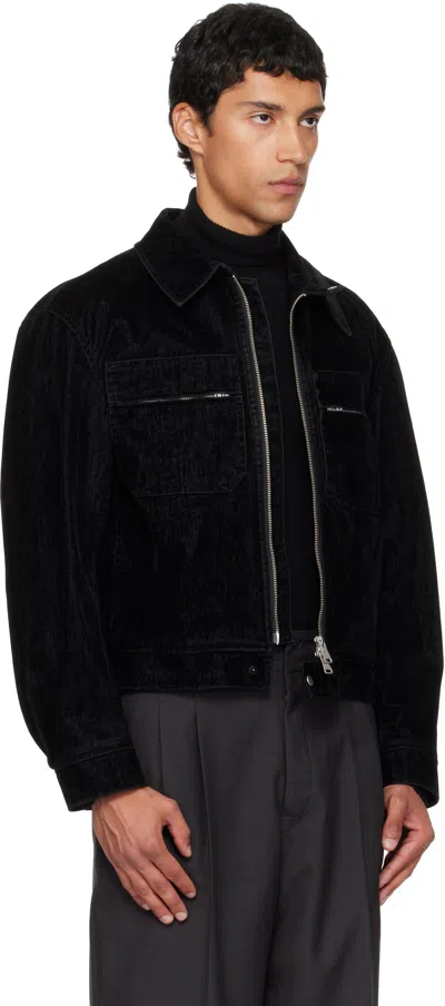 Coor Black Double Pocket Trimming Collar Velvet Denim Jacket In Black