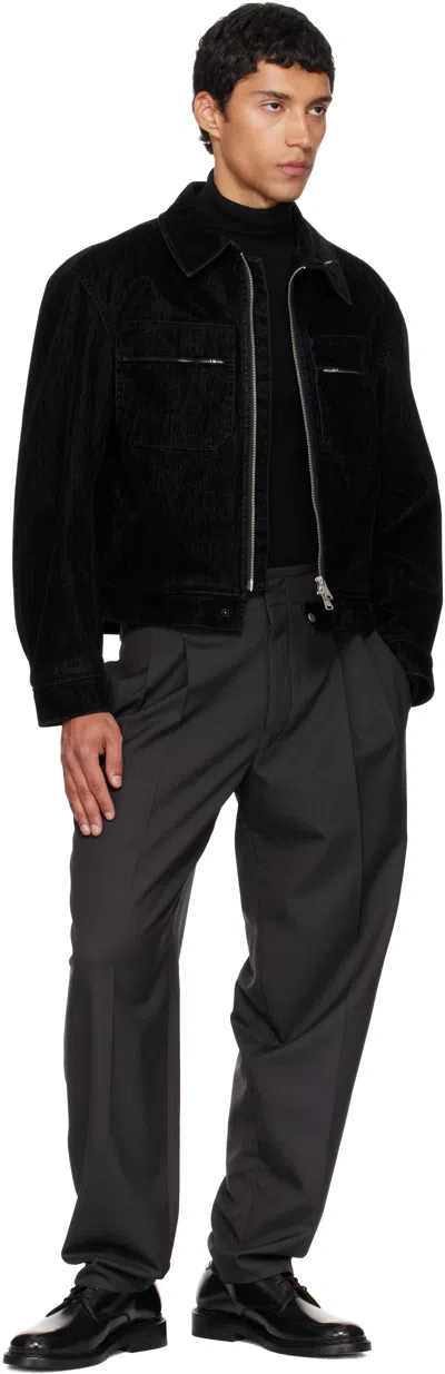 Coor Black Double Pocket Trimming Collar Velvet Denim Jacket In Black