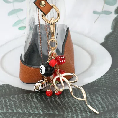 Fashnzfab Cherry Bow Dice Heart Charm Embellished Keychain / Bag Charm In Gold