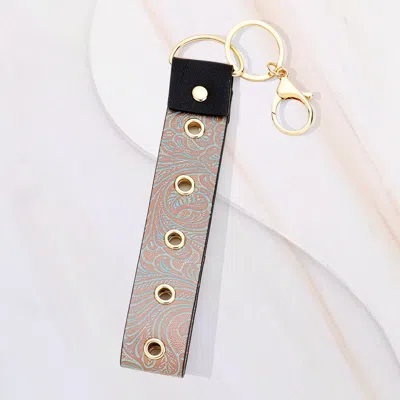 Fashnzfab Floral Leaf Pattern Faux Leather Keychain / Bag Charm In Brown