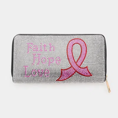 Fashnzfab Bling Faith Hope Love Message Pink Ribbon Zipper Wallet In Gray
