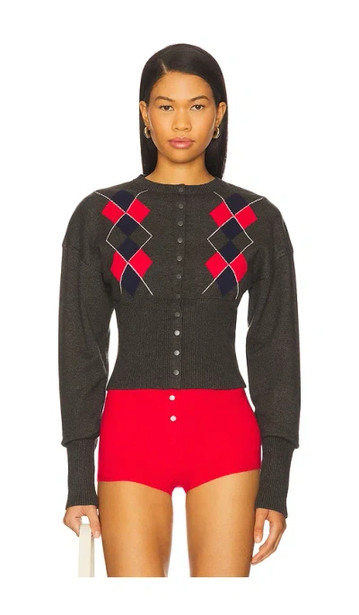 Lioness Head In The Clouds Cardigan Grey Argyle In Brown