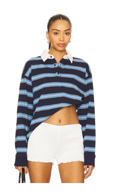 Lioness Countryside Contrast Collar Detail Cuffed Oversized Jersey Top In Blue