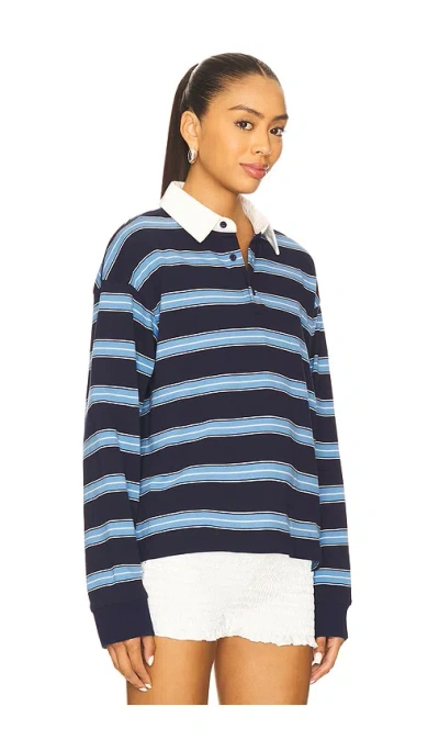 Lioness Countryside Contrast Collar Detail Cuffed Oversized Jersey Top In Blue