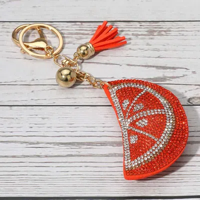 Fashnzfab Bling Studded Tassel Citrus Slice Keychain / Bag Charm In Red