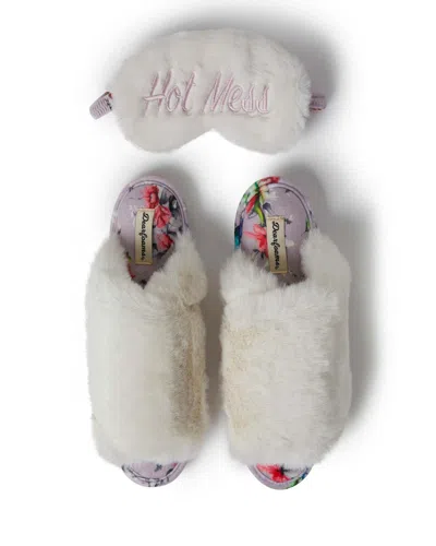 Dearfoams Women's Louise Fuzzy Cross Band Slide Slipper With Eyemask Gift Set In Animal Print