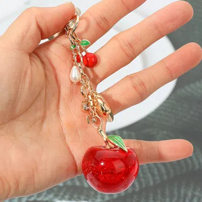Fashnzfab Enamel Cherry Pearl Metal Heart Key Charm Embellished Apple Drop Keychain / Bag Charm In Gold