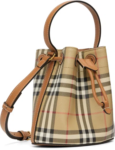 Burberry Check Pattern Canvas Bucket Bag With Top Handle And Leather Trim In Brown