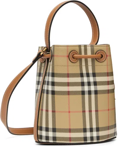 Burberry Check Pattern Canvas Bucket Bag With Top Handle And Leather Trim In Brown