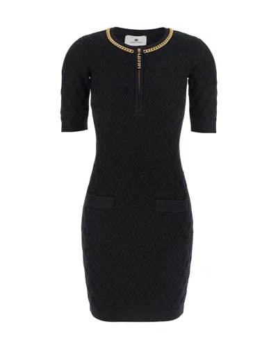 Elisabetta Franchi Mini Abito In Maglia A Rombi Con Dettaglio Gioiello Nero In Black