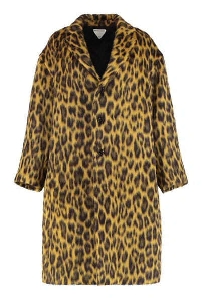 Bottega Veneta Womens Brushed Leopard Wool-blend Coat Camel Black Brown In Multi