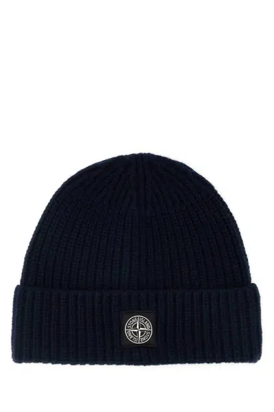 Stone Island Navy Blue Wool Beanie In Blue