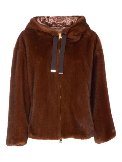 Herno Dark Brown Faux Fur Bomber Jacket With Custom Drawstring Hood In Brown