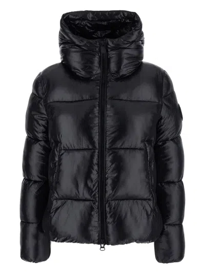 Save The Duck Biddy Black Down Jacket With Hood And Logo Patch On The Sleeve In Tech Fabric Man In Black
