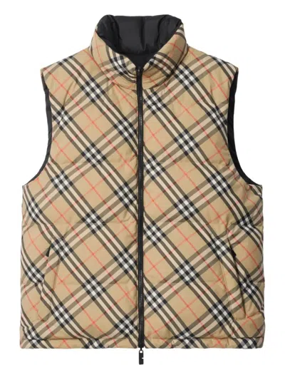 Burberry Beige Sleeveless Reversible Down Jacket With High Neck And All-over Check Motif In Tech Fabric Man In Neutral