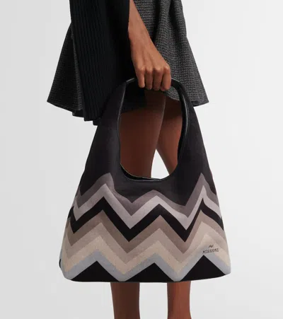 Missoni Zig Zag Leather-trimmed Tote Bag In Black