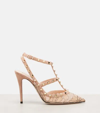 Valentino Rockstud 100 Lace And Leather Pumps In Multi