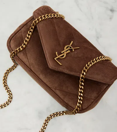 Saint Laurent Brown Suede Mini Loulou Crossbody Bag In Brown