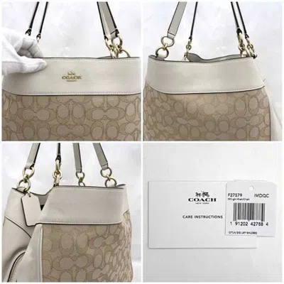 Pre-owned Coach Cream White Leather Canvas Tote Bag ()