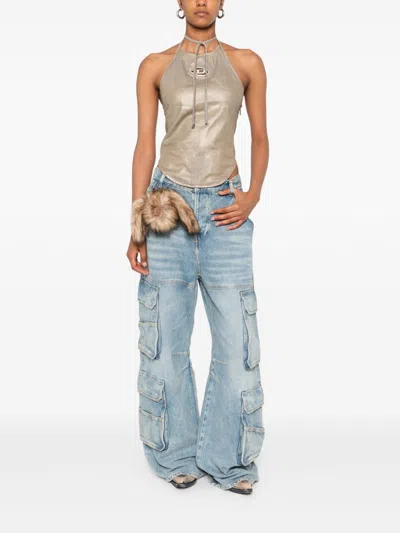 Diesel Halterneck Top With Curved Hem And Shine In Gold