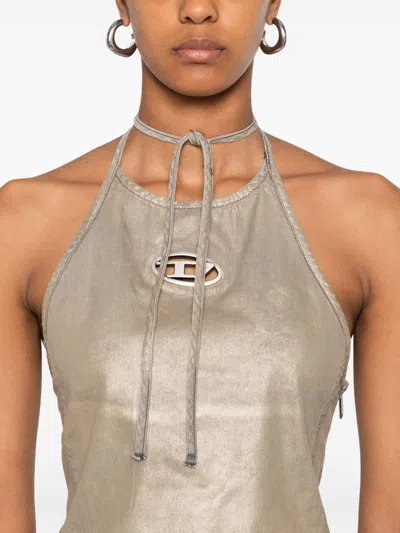 Diesel Halterneck Top With Curved Hem And Shine In Gold