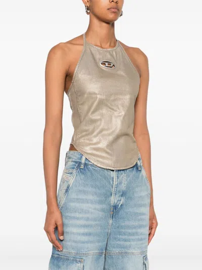 Diesel Halterneck Top With Curved Hem And Shine In Gold