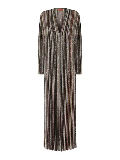 Missoni Long Dress With V-neck And Herringbone Stripe Knit In Multi
