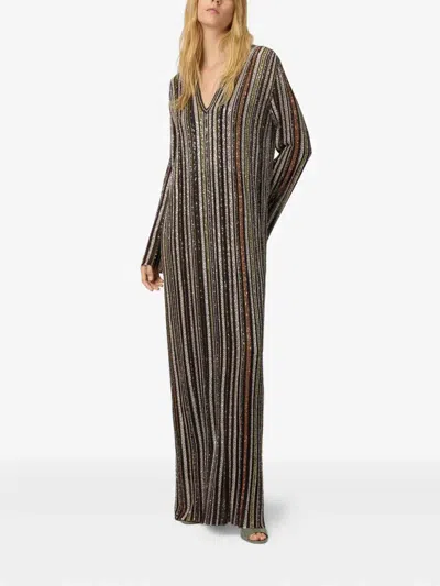 Missoni Long Dress With V-neck And Herringbone Stripe Knit In Multi