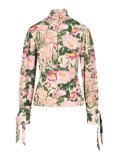 Chloé Turtleneck Jersey Wool Sweater With Floral Print In Multi