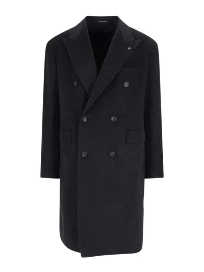 Tagliatore Double-breasted Virgin Wool Coat With Notched Lapel In Black