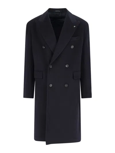 Tagliatore Double-breasted Virgin Wool Coat With Notched Lapel In Blue