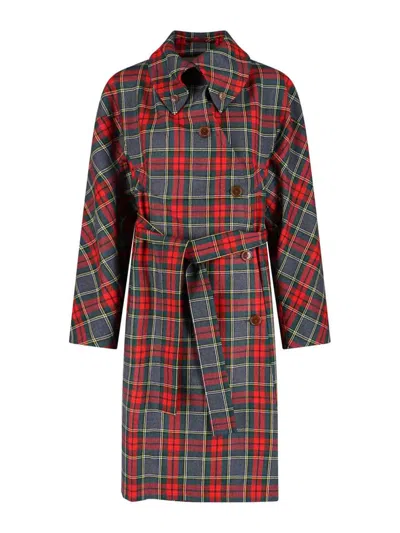 Vivienne Westwood Wool Coat Belted Waist Checkered Pattern In Multi