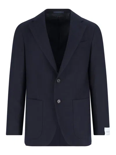 Caruso Tailored Black Herringbone Jacket With Notched Lapel In Blue