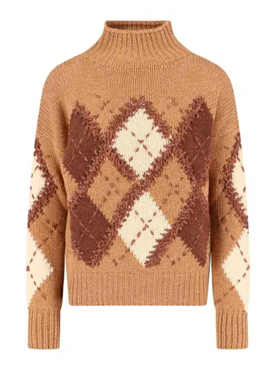 Ermanno Scervino Mock-neck Diamond-pattern Sweater In Brown