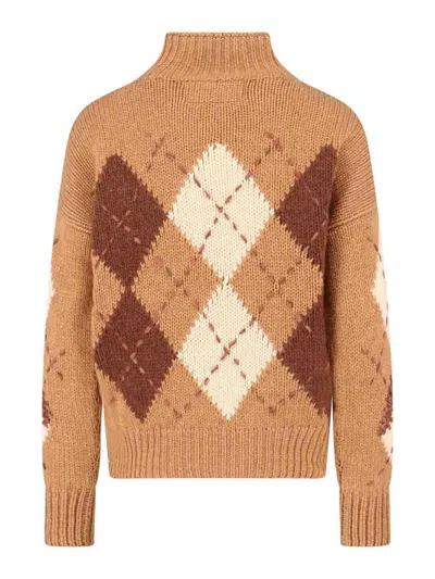Ermanno Scervino Mock-neck Diamond-pattern Sweater In Brown