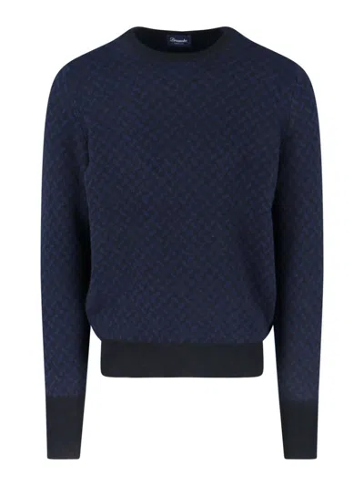 Drumohr Crewneck Sweater Patterned Ribbed Cuffs In Blue