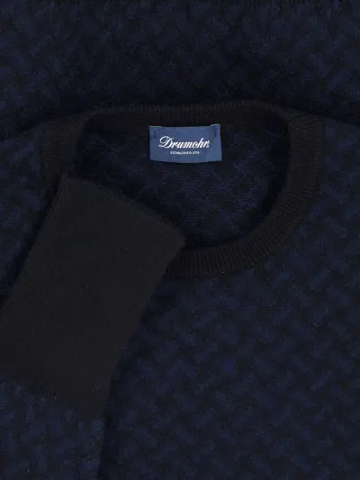 Drumohr Crewneck Sweater Patterned Ribbed Cuffs In Blue