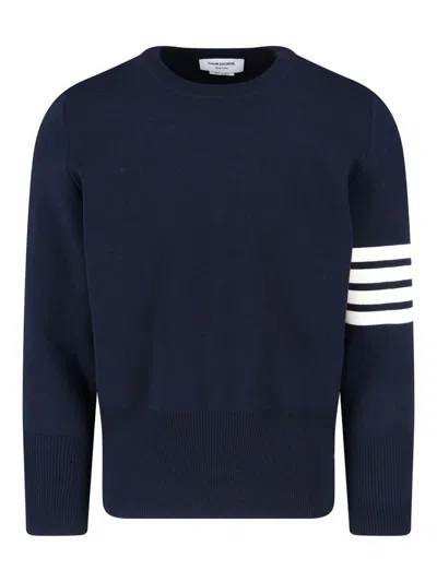 Thom Browne Blue Crewneck Swwater With 4-bar On The Sleeve And Ribbed Trims In Wool Man In Blue
