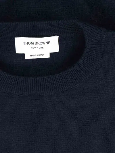 Thom Browne Blue Crewneck Swwater With 4-bar On The Sleeve And Ribbed Trims In Wool Man In Blue