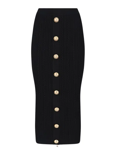 Balmain Black Viscose Blend Ribbed Knit Midi Skirt In Black