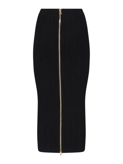 Balmain Black Viscose Blend Ribbed Knit Midi Skirt In Black
