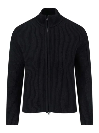 C.p. Company Ribbed Zip-up Knitwear With High Collar And Front Zipper In Black
