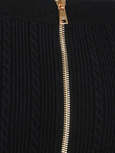 Balmain Black Viscose Blend Ribbed Knit Midi Skirt In Black