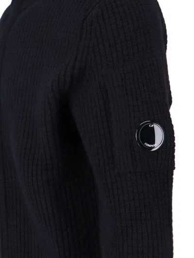 C.p. Company Ribbed Zip-up Knitwear With High Collar And Front Zipper In Black