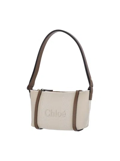 Chloé Logo Embroidered Canvas Shoulder Bag In Neutral