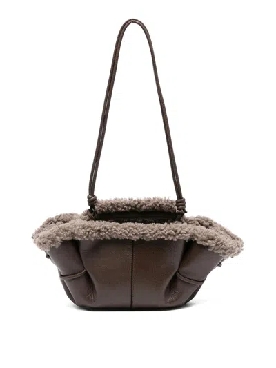 Hereu Mini Leather Handbag Shearling Trim In Brown
