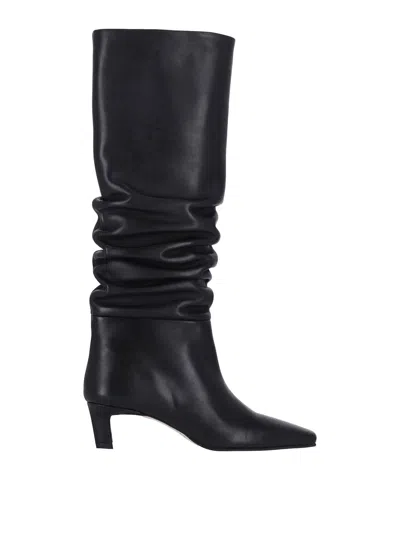 Alohas Mid-calf Black Leather Boots With Pointed Toe And Relaxed Texture In Black